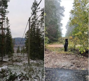 Bilde: en kraftledning går gjennom skogen på et bilde. På neste bilde er ledningen borte og stolpen kuttet ned.